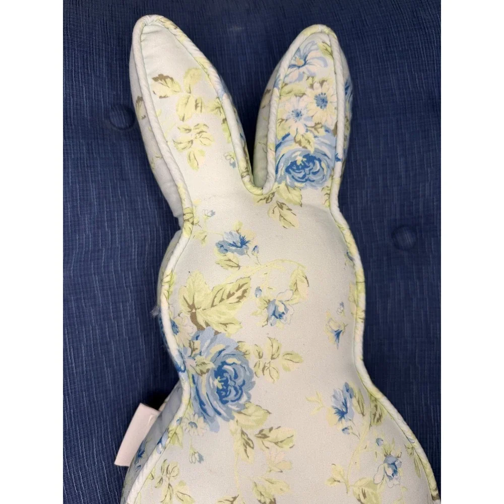 Shabby Chic Bunny Shaped Decorative Pillow Blue‎ Yellow Floral Rose Pom Pom Tail